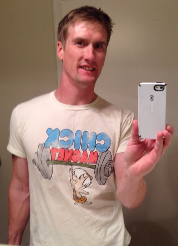 This is a great example of several things: 1) Bathroom selfie; 2) Shrunken t-shirt; 3) Not a chick magnet; 4) Lack of muscles